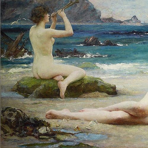 Une sirène nue, assise de dos sur un rocher au bord de la mer, souffle dans une trompe. Au premier plan, les jambes d'une autre sirène allongée.