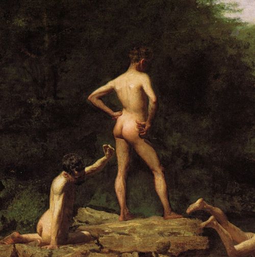 Trois baigneurs nus au bord d'un étang, dont un debout de dos, les mains sur les hanches, sur un rocher.